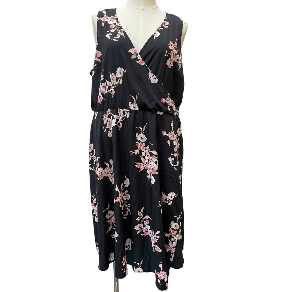 Glamour x Lane Bryant Black Floral Faux Wrap Dress Plus Size 24 Sleeveless VNeck